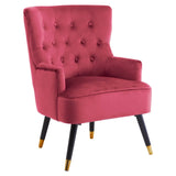 Velvet accent chair with tufted backrest, pink upholstery and black legs with gold tips