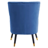 Blue accent chair rear view with black legs and gold metal tips