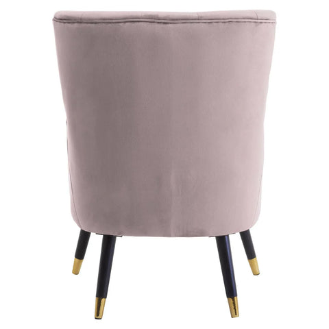 Back view of mauve velvet accent chair with black legs and gold metal feet