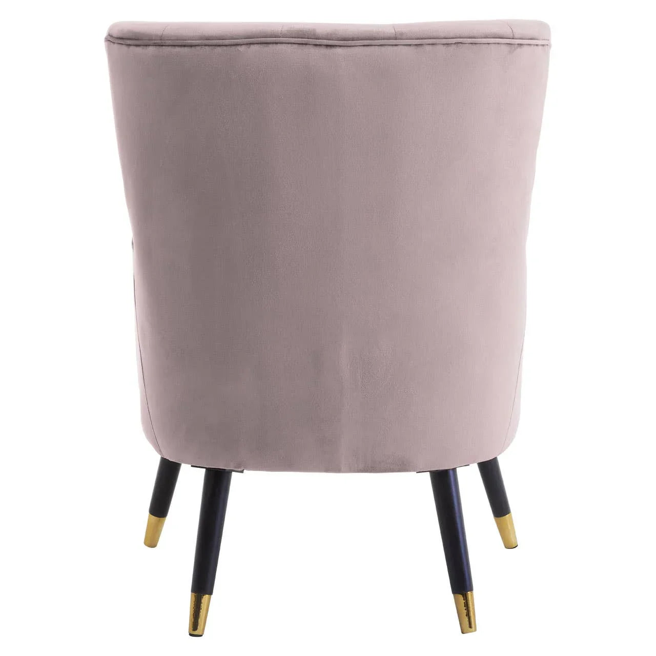 Back view of mauve velvet accent chair with black legs and gold metal feet