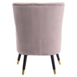 Back view of mauve velvet accent chair with black legs and gold metal feet