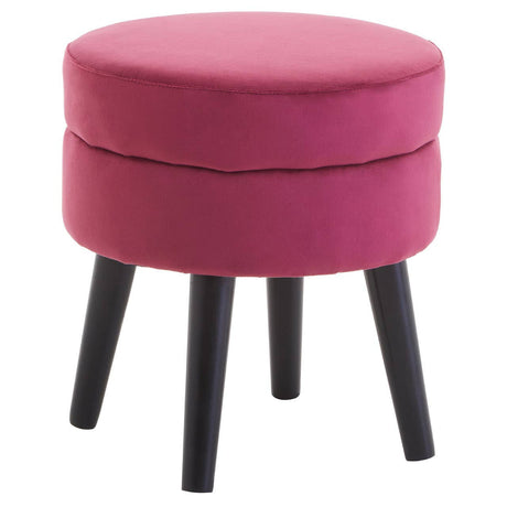 Round velvet stool in a rich wine color with a padded top and four black wooden legs. The design is simple and modern, suitable for various home decor styles
