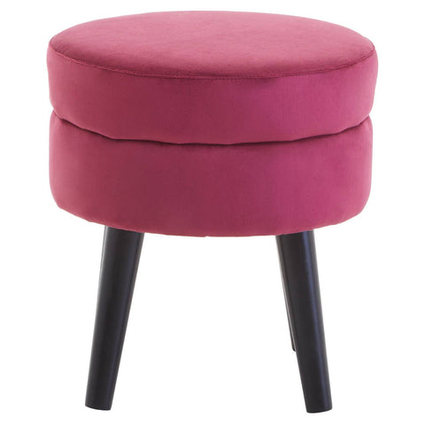 Round velvet stool in a rich wine color with a plush top and four tapered black legs. The design is simple and modern, suitable for various home decor styles