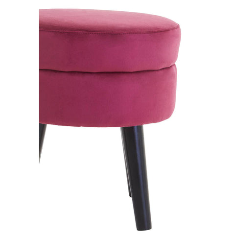 Round wine-colored velvet stool with a plush top and sleek black wooden legs, showcasing a modern and elegant design