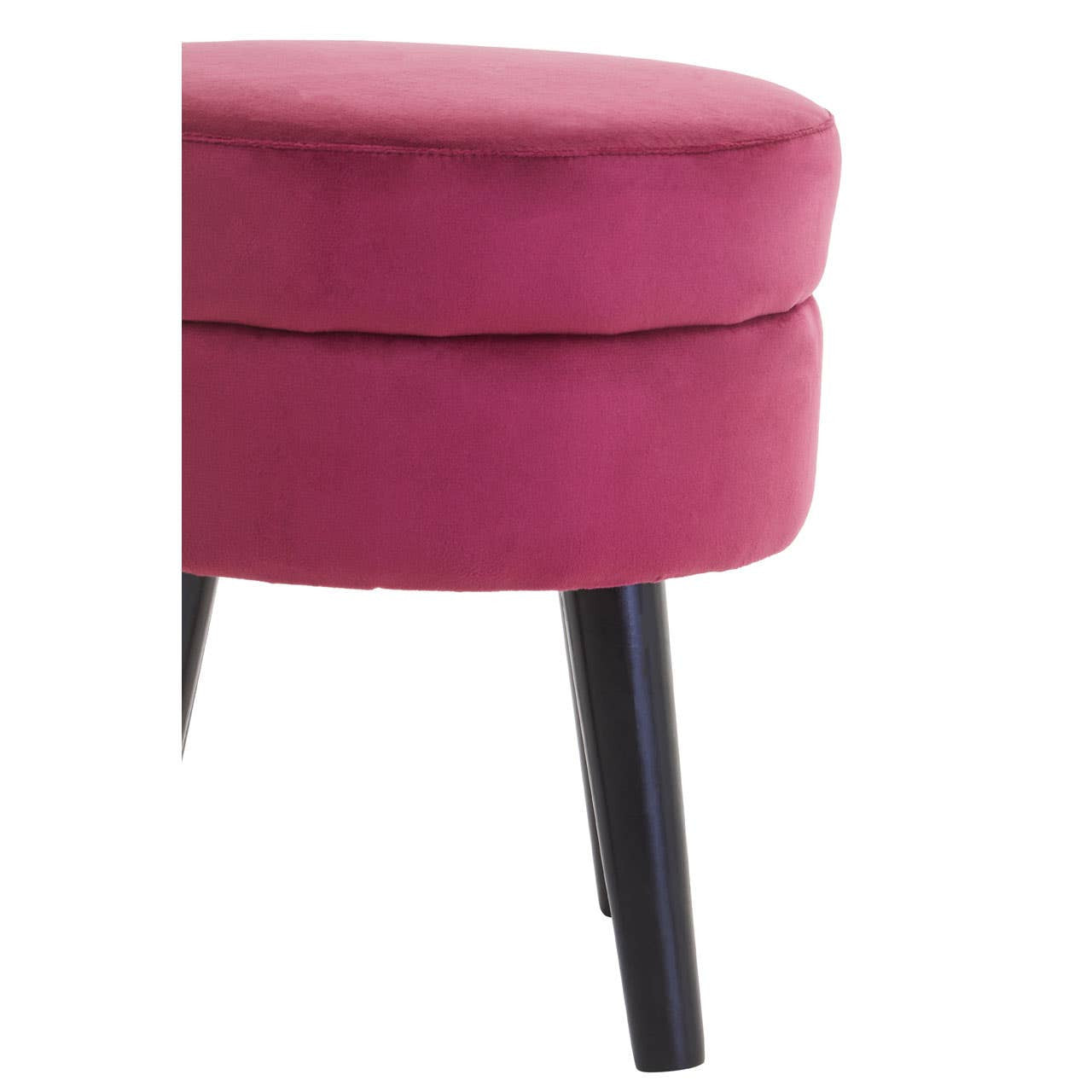 Round wine-colored velvet stool with a plush top and sleek black wooden legs, showcasing a modern and elegant design
