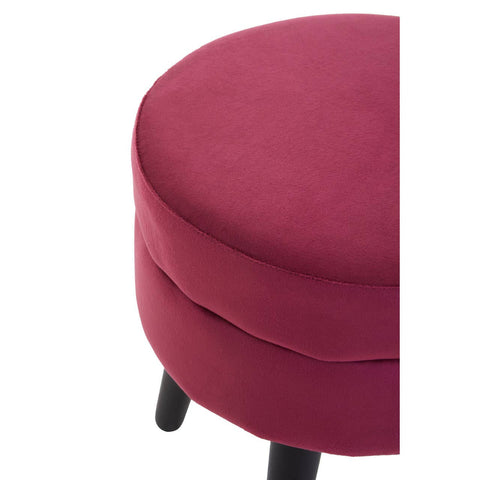 Round velvet stool in a rich wine color with a smooth surface and subtle stitching details, resting on four black legs