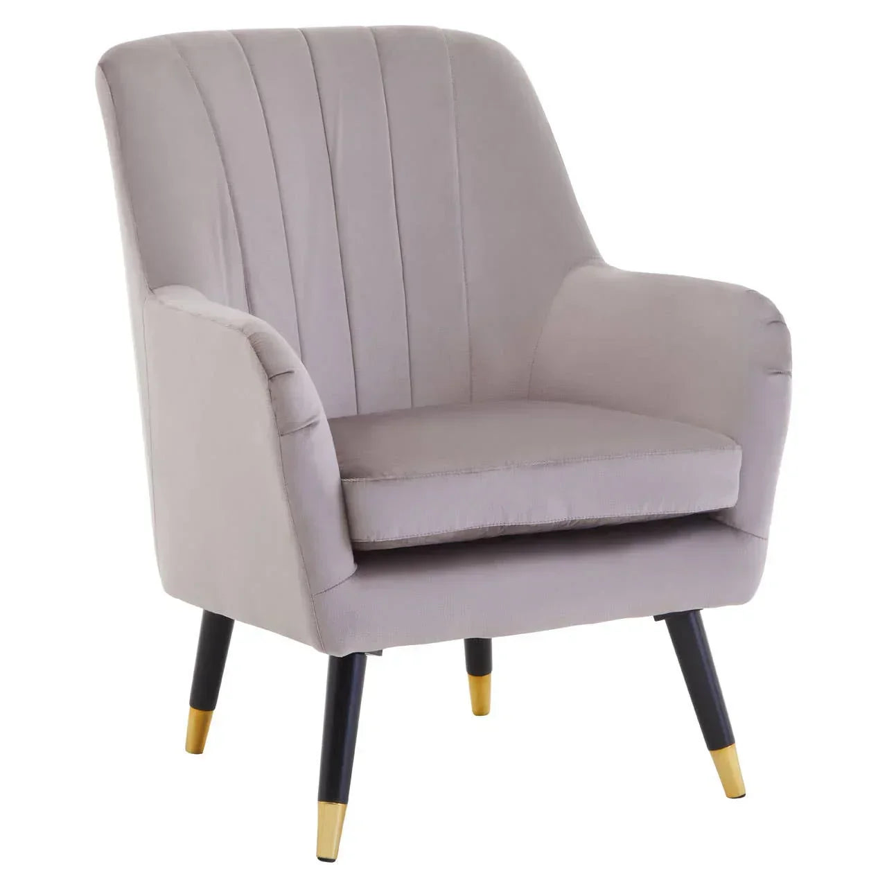 Grey fabric accent chair with vertical stitched back and black legs with gold tips