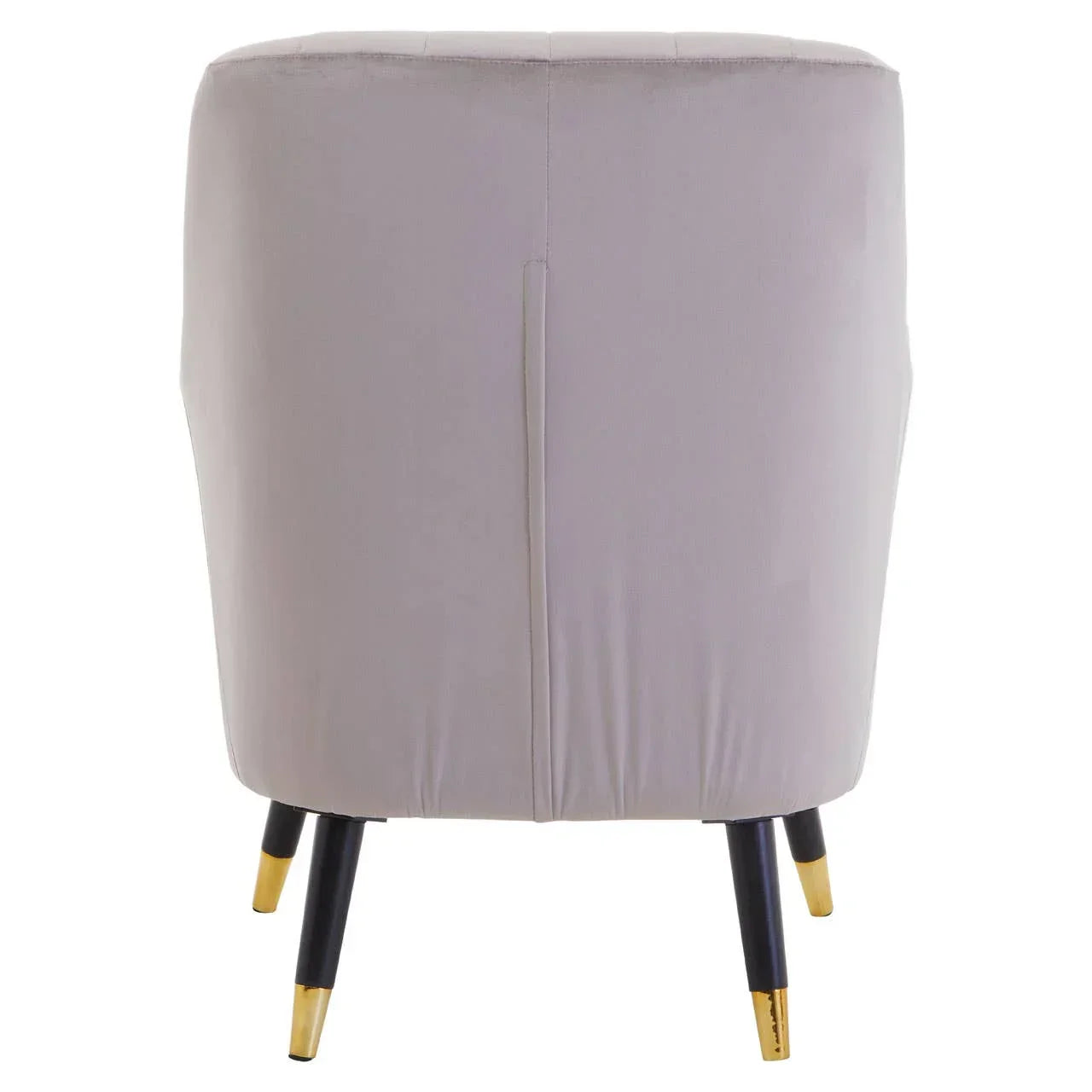Back view of grey accent chair with black and gold tapered legs