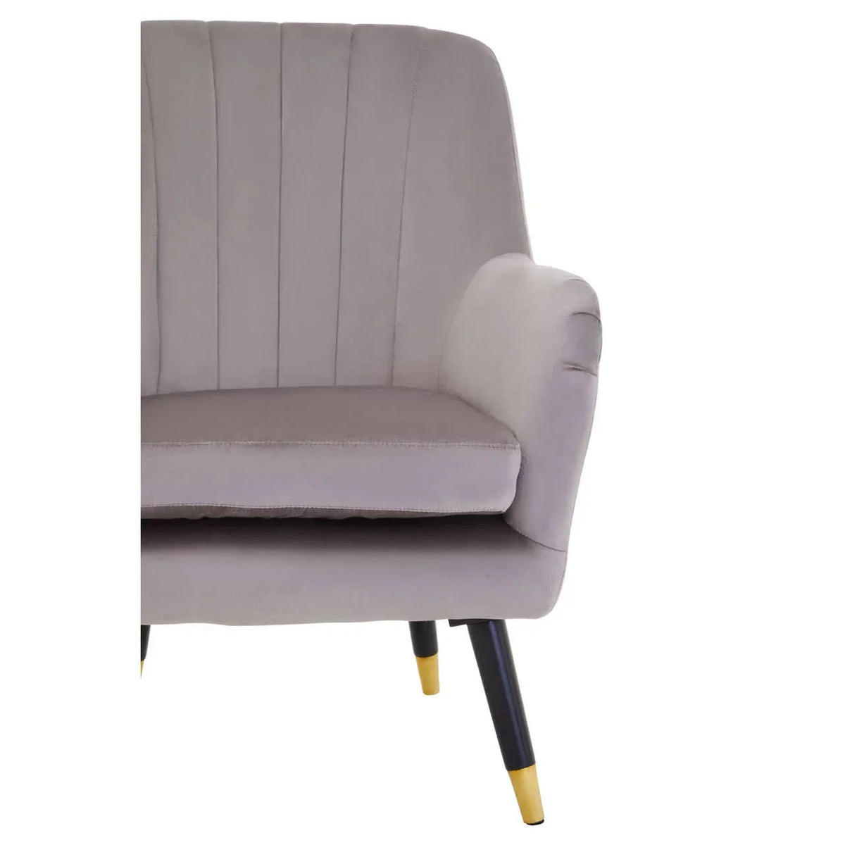 Light grey velvet accent chair with stitched backrest and gold tipped black legs