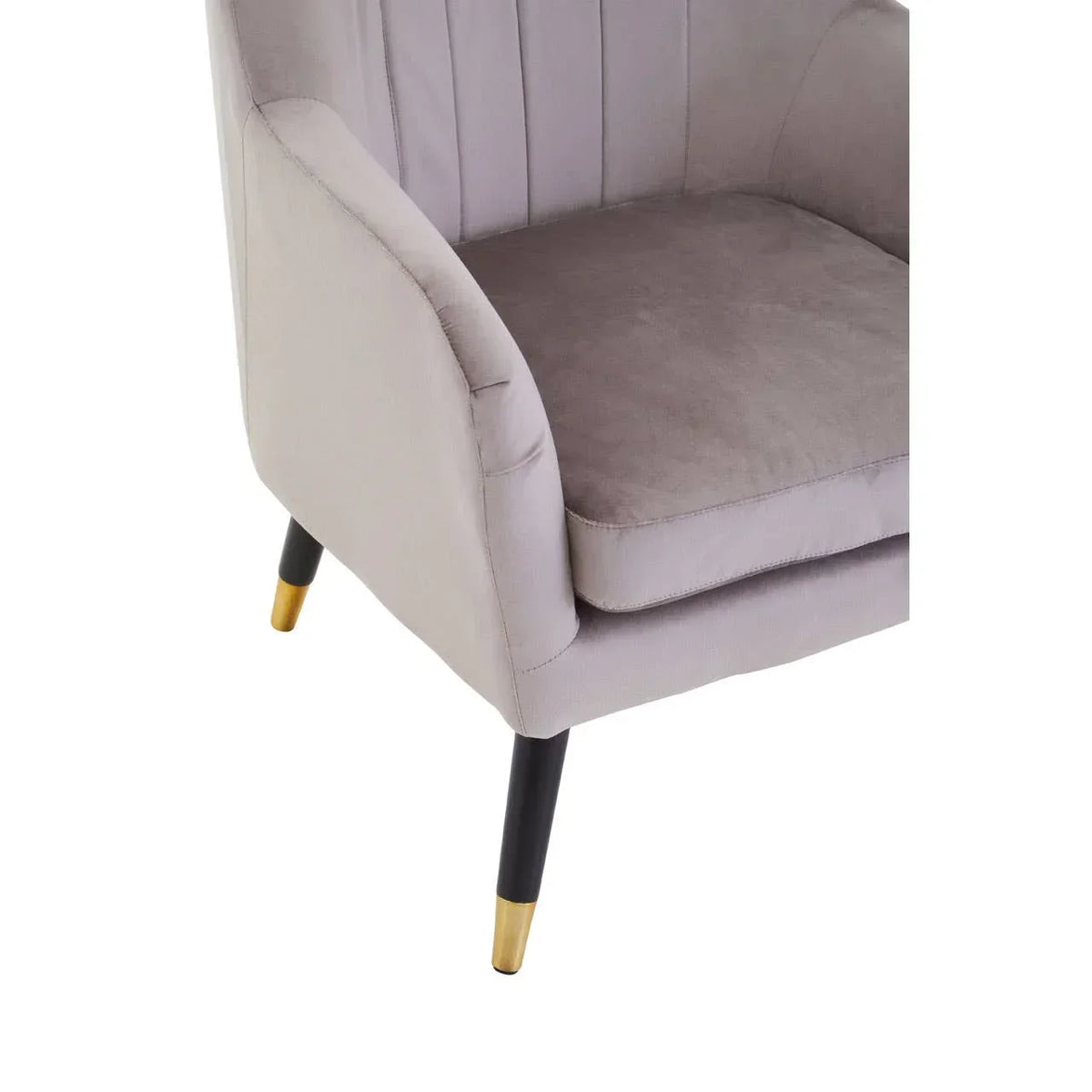 Grey accent chair with black legs and gold-tone feet, close view of seat and upholstery