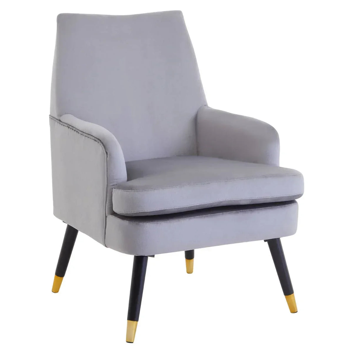 Light grey accent chair with cushioned seat and gold-tipped black wooden legs