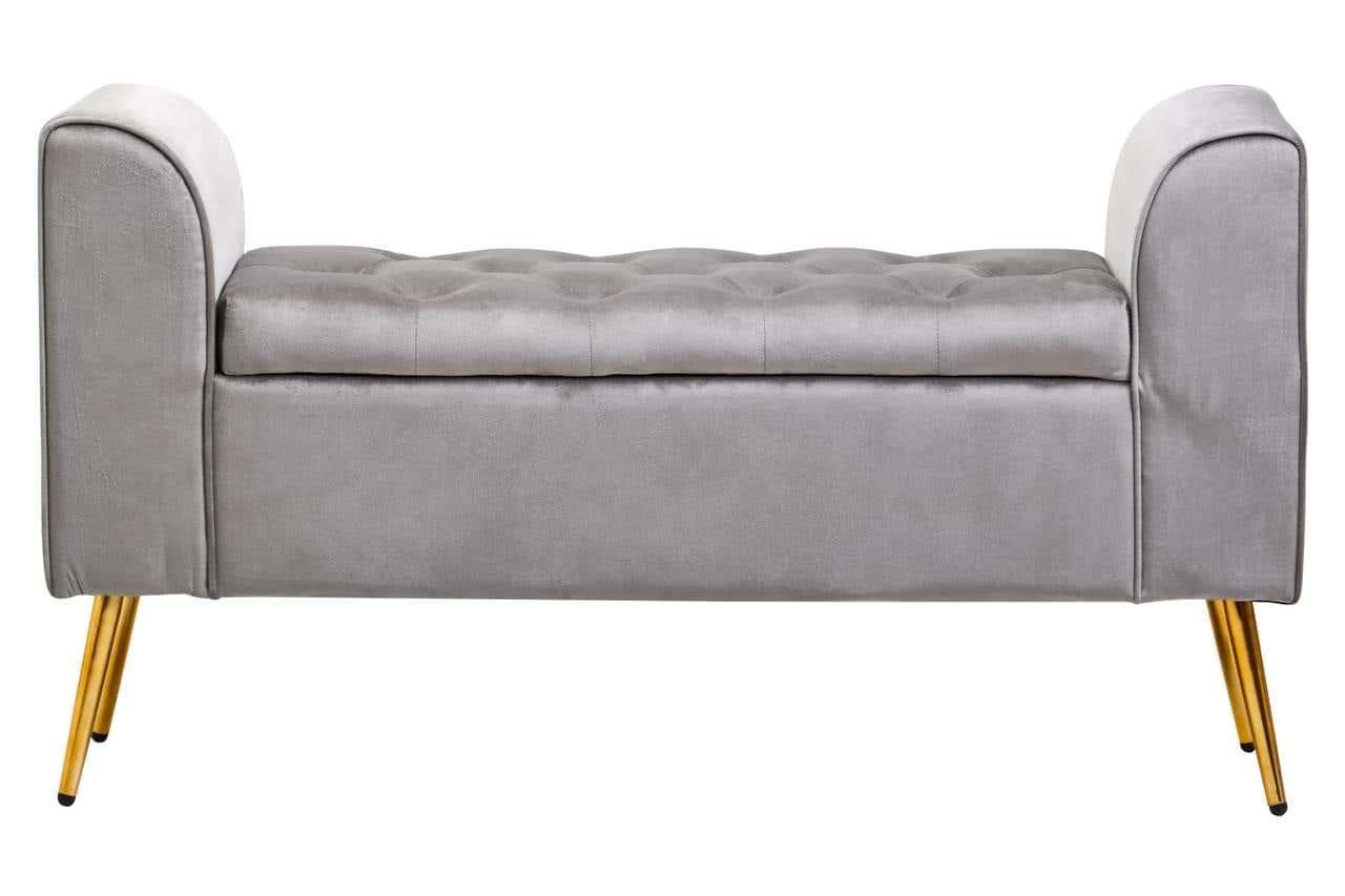 Grey velvet storage bench with gold metal legs and tufted seat front view