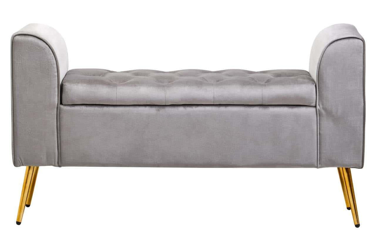 Grey velvet storage bench with gold metal legs and tufted seat front view