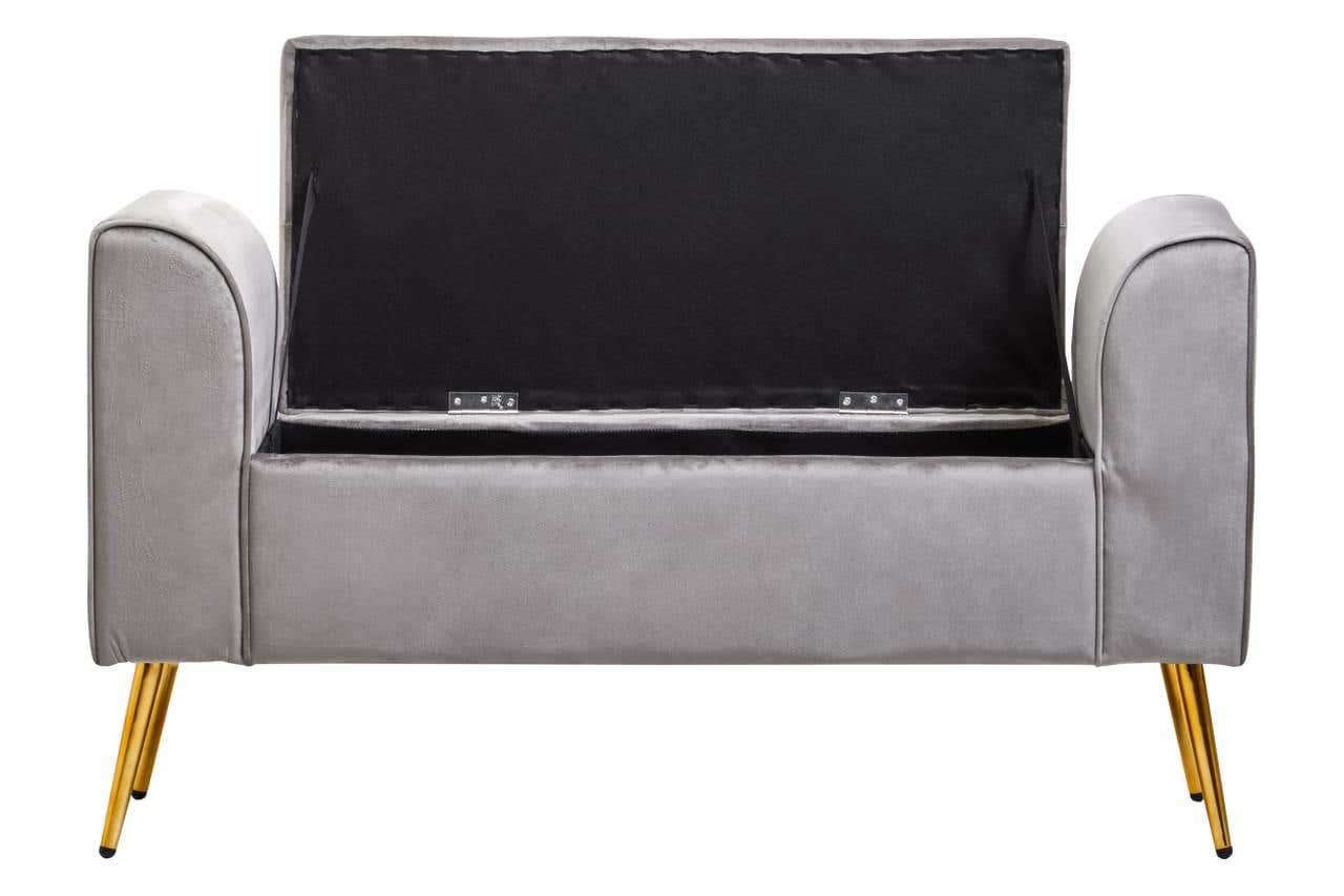 Grey upholstered storage bench with open lid and gold metal legs, front view