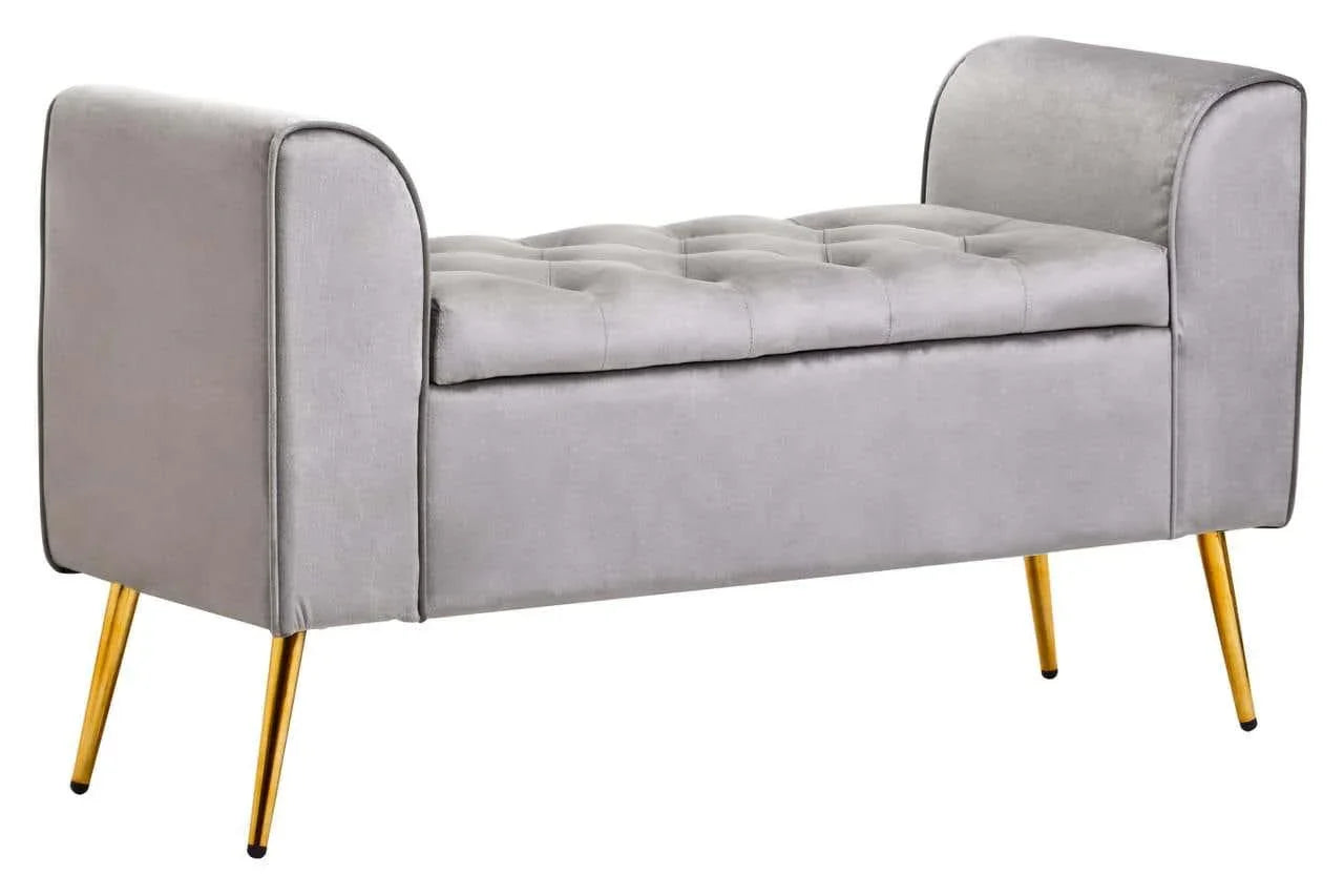 Grey velvet bench seat with gold metal legs and tufted cushion