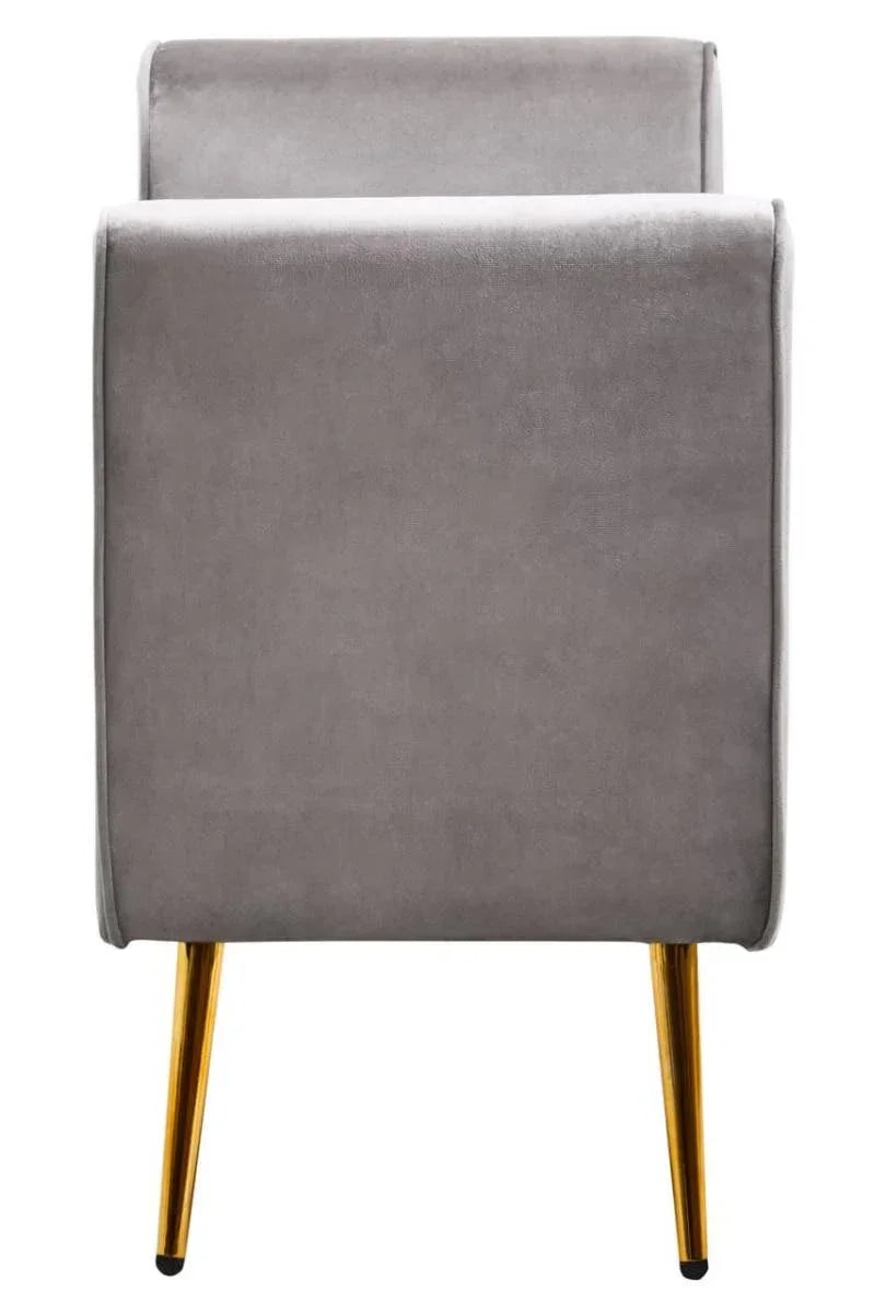 Grey velvet armchair back view with gold metal legs