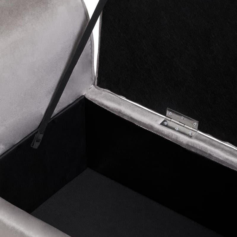 Grey upholstered storage bench with open lid showing spacious black interior