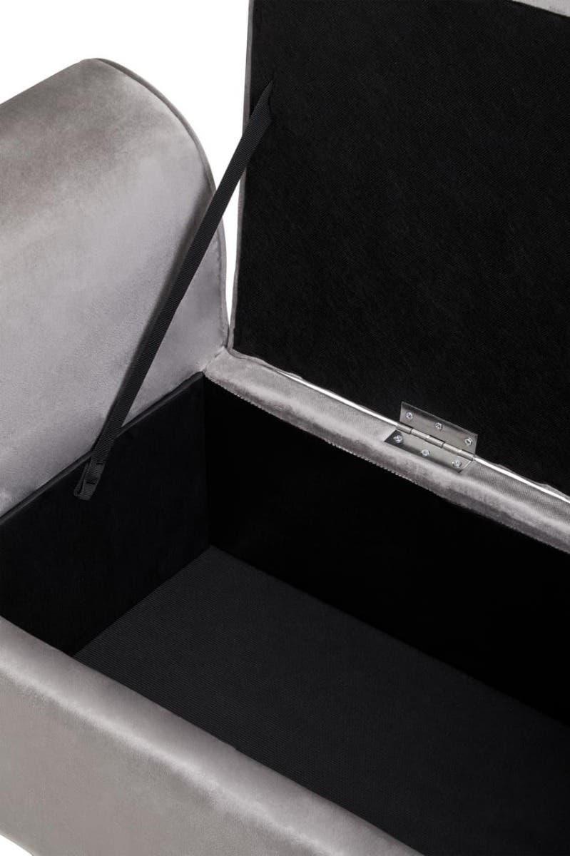 Grey upholstered storage bench with open lid showing spacious black interior