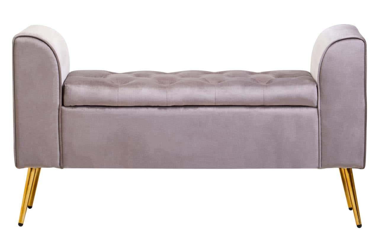 Grey velvet storage bench with gold legs and tufted seat, front view