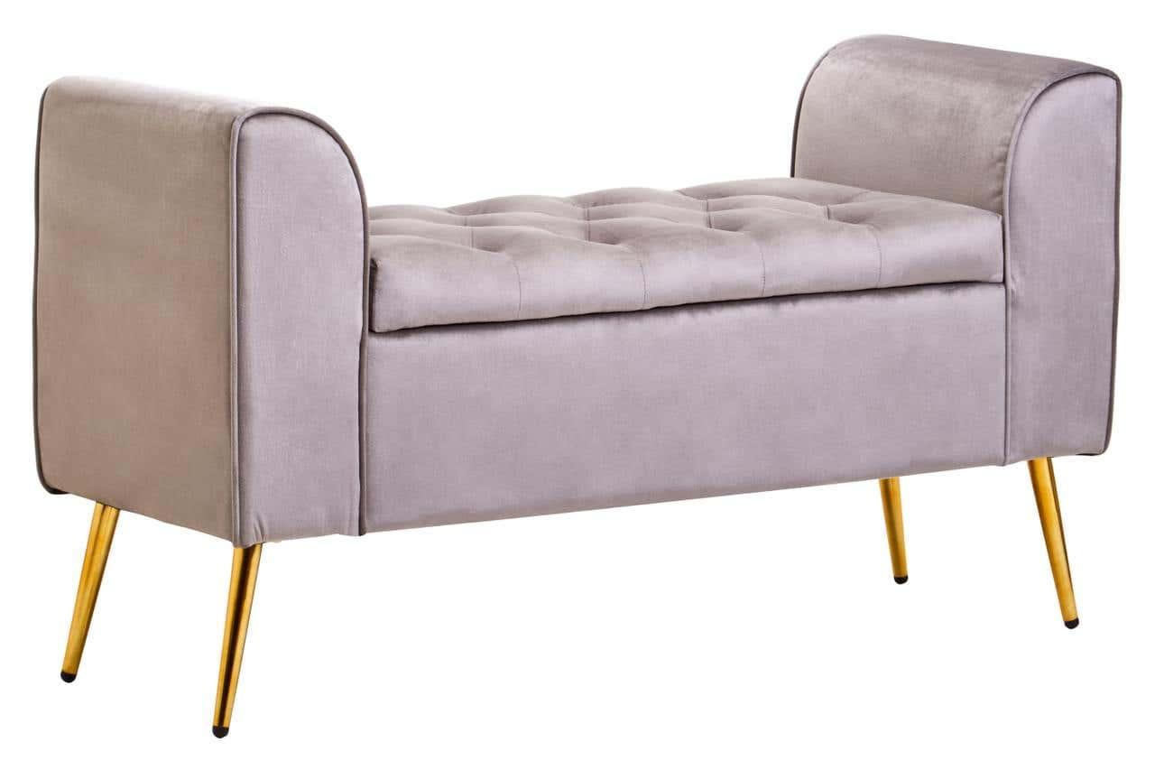 Grey velvet bench with gold legs and padded seat, tufted top and armrests