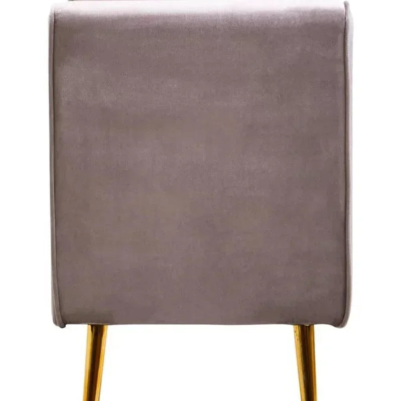 Velvet armchair rear view with gold metal legs, modern accent chair in taupe upholstery