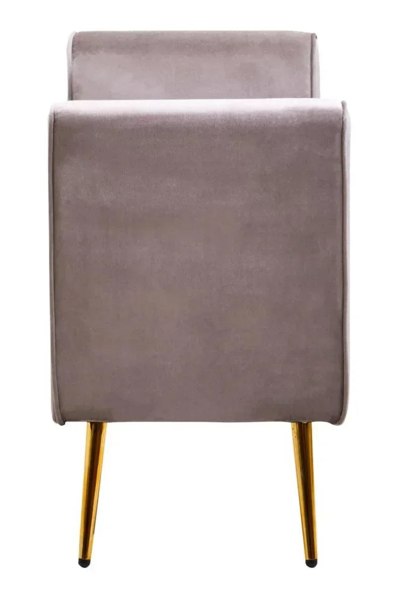 Velvet armchair rear view with gold metal legs, modern accent chair in taupe upholstery