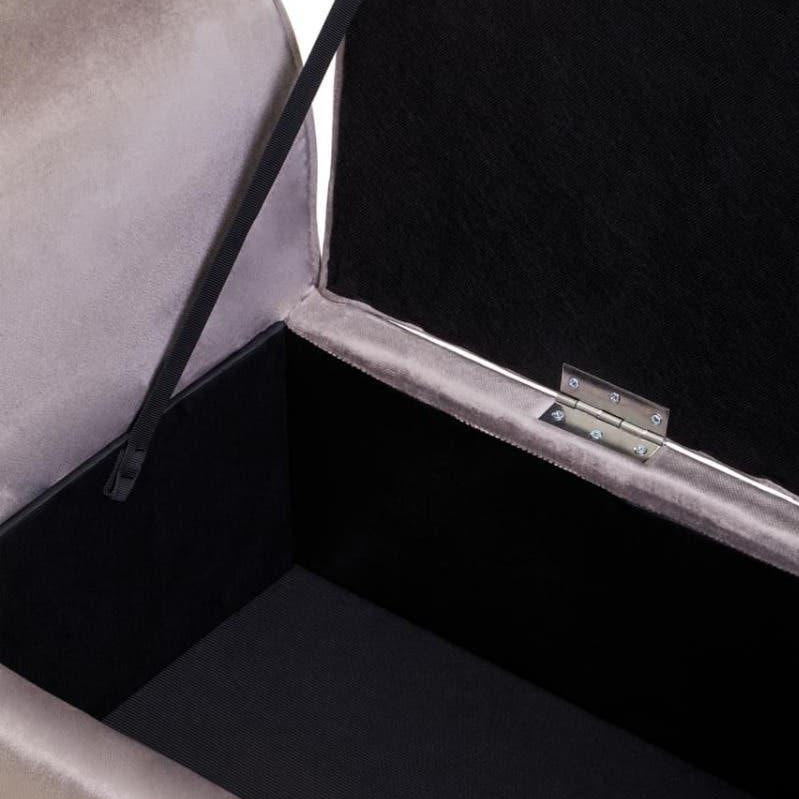 Lift-top storage ottoman with soft grey fabric and black interior lining