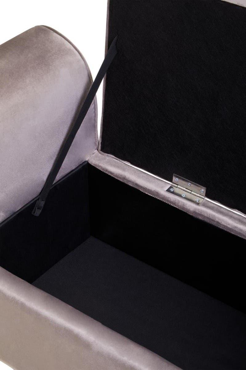 Lift-top storage ottoman with soft grey fabric and black interior lining