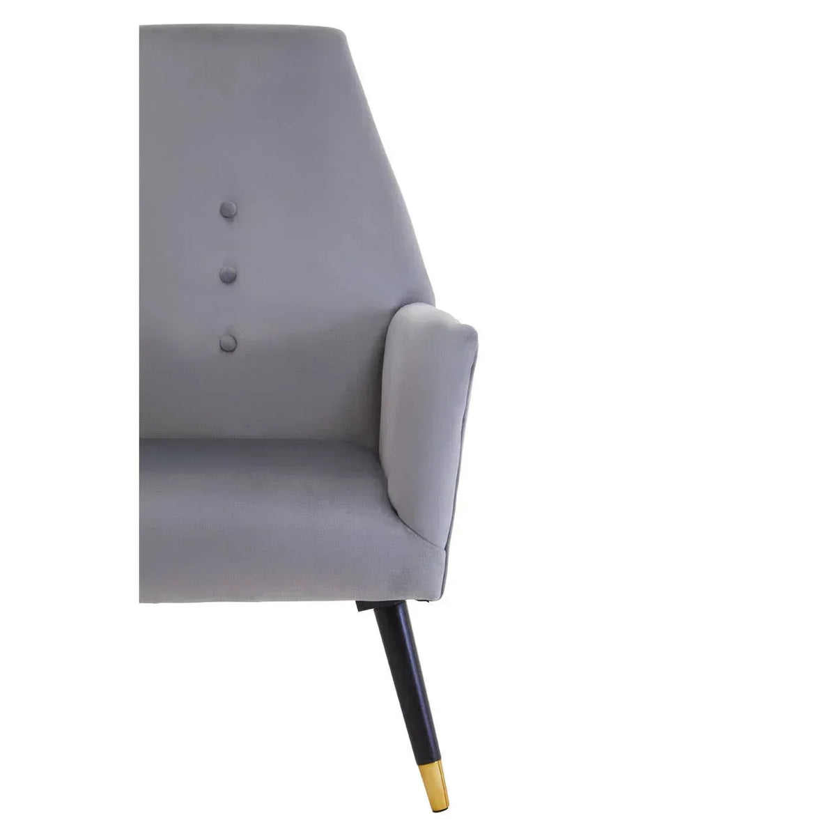 Grey accent chair with button backrest, single armrest, and gold-tip black leg, front angle