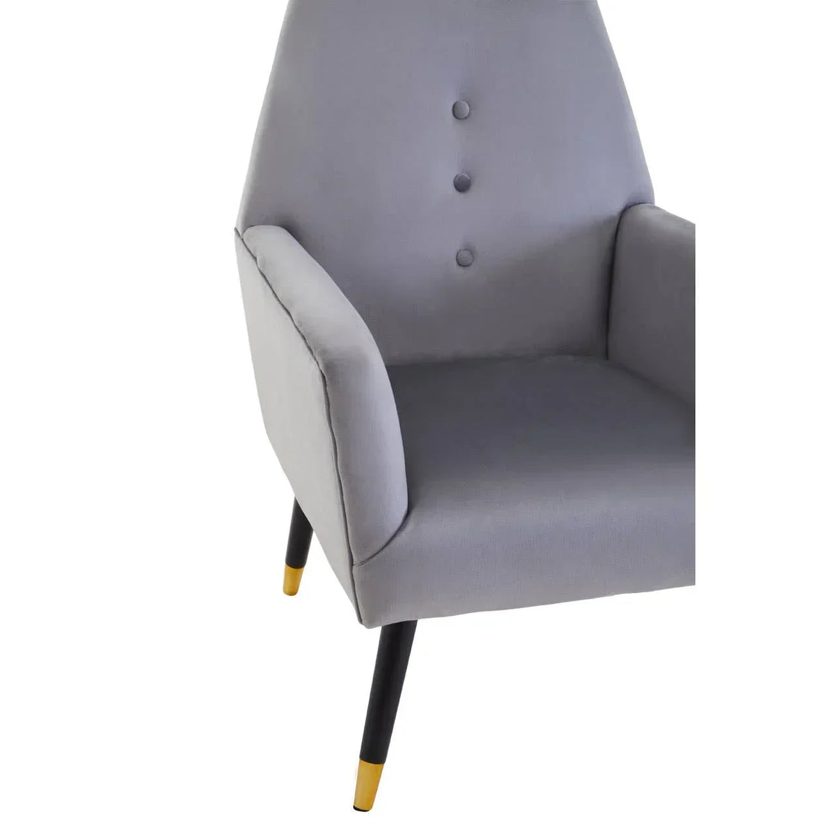 Grey upholstered accent chair with button back and gold-tipped black legs, front angle view