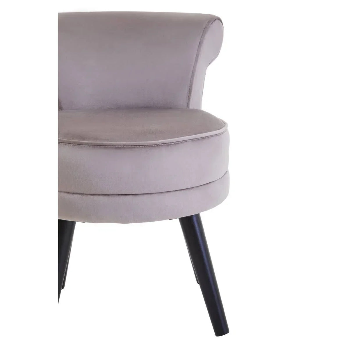 Light grey accent chair with curved backrest and black wooden legs, partial side view