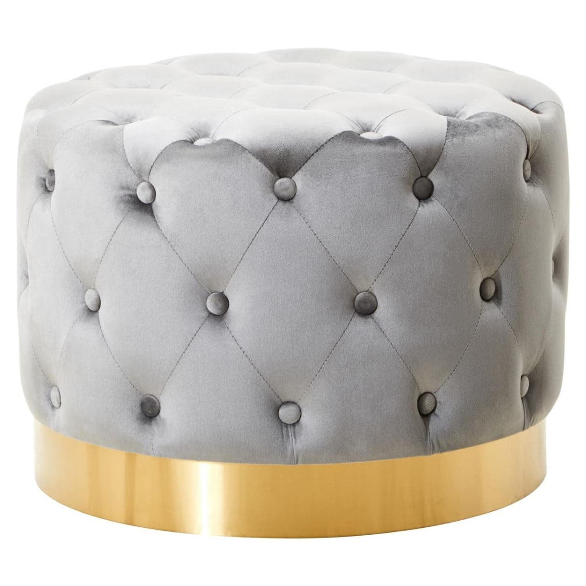 Round grey velvet stool featuring a tufted design with decorative buttons and a matte gold finish metal base. The stool has a plush, soft surface and a sleek, modern aesthetic suitable for various home decor styles