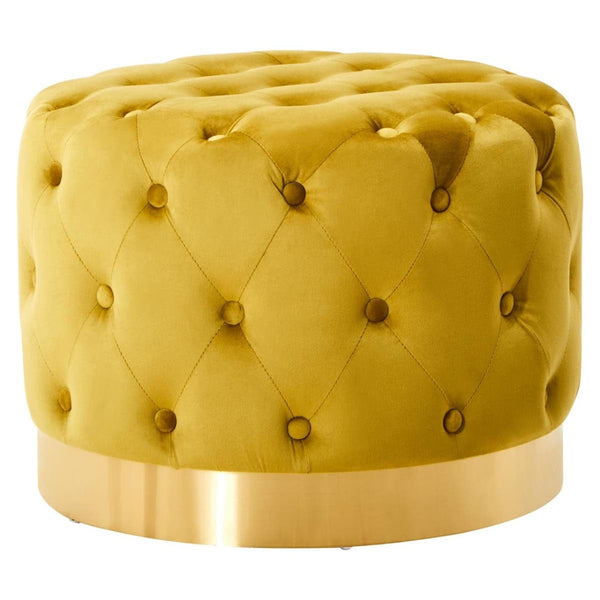 Pistachio green velvet stool featuring a tufted design and a matte gold finish base, offering a stylish and modern accent for home decor