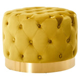 Pistachio green velvet stool featuring a tufted design and a matte gold finish base, offering a stylish and modern accent for home decor