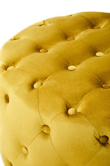 Pistachio green velvet stool featuring a tufted top with visible buttons and a matte gold finish base, showcasing a luxurious and modern design