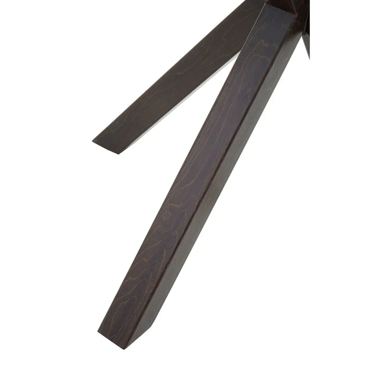 Dark wood dining table leg with visible grain and angled design