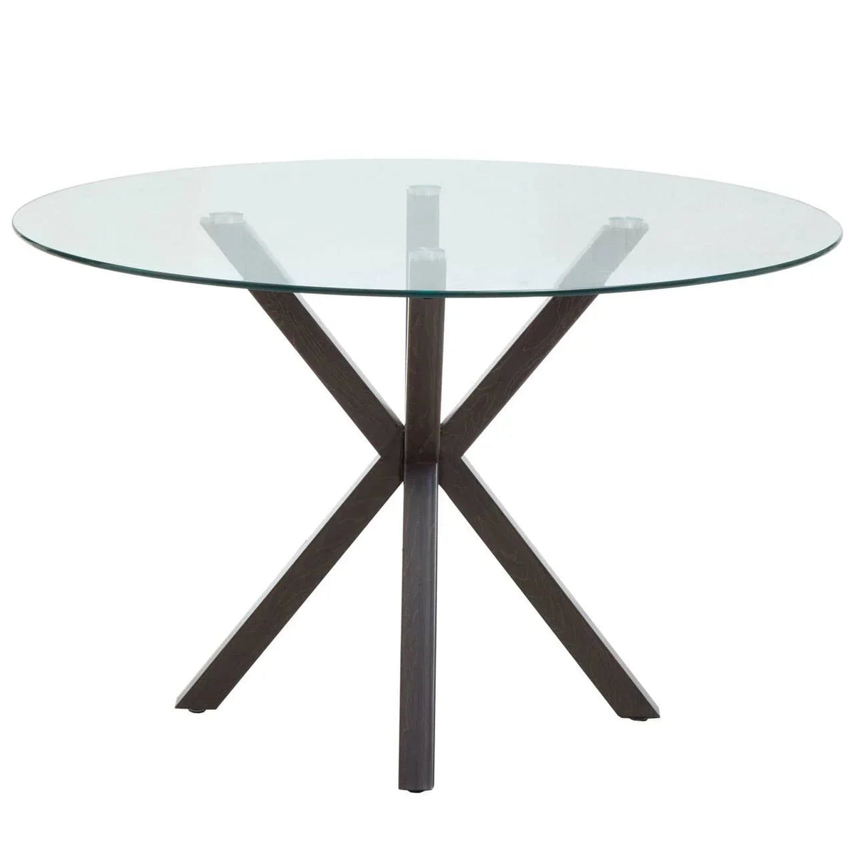 Round glass-top dining table with dark wood-effect star-shaped legs, front view