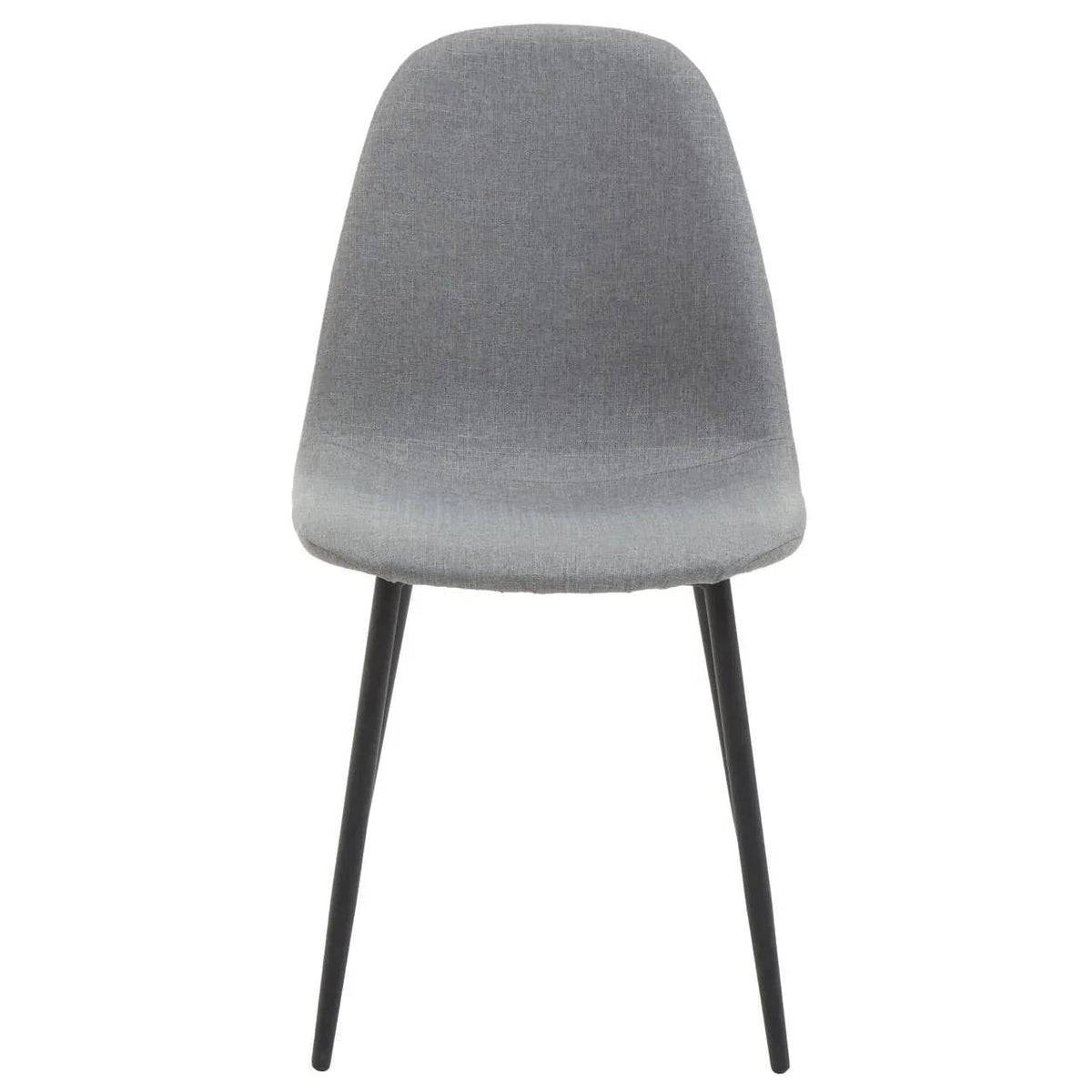 Grey fabric dining chair with rounded back and tapered black metal legs, front view