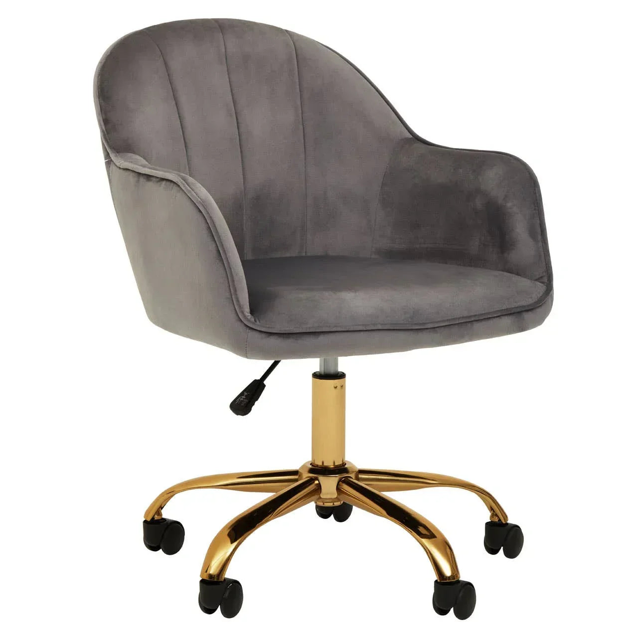 Grey velvet office chair with gold metal base and caster wheels