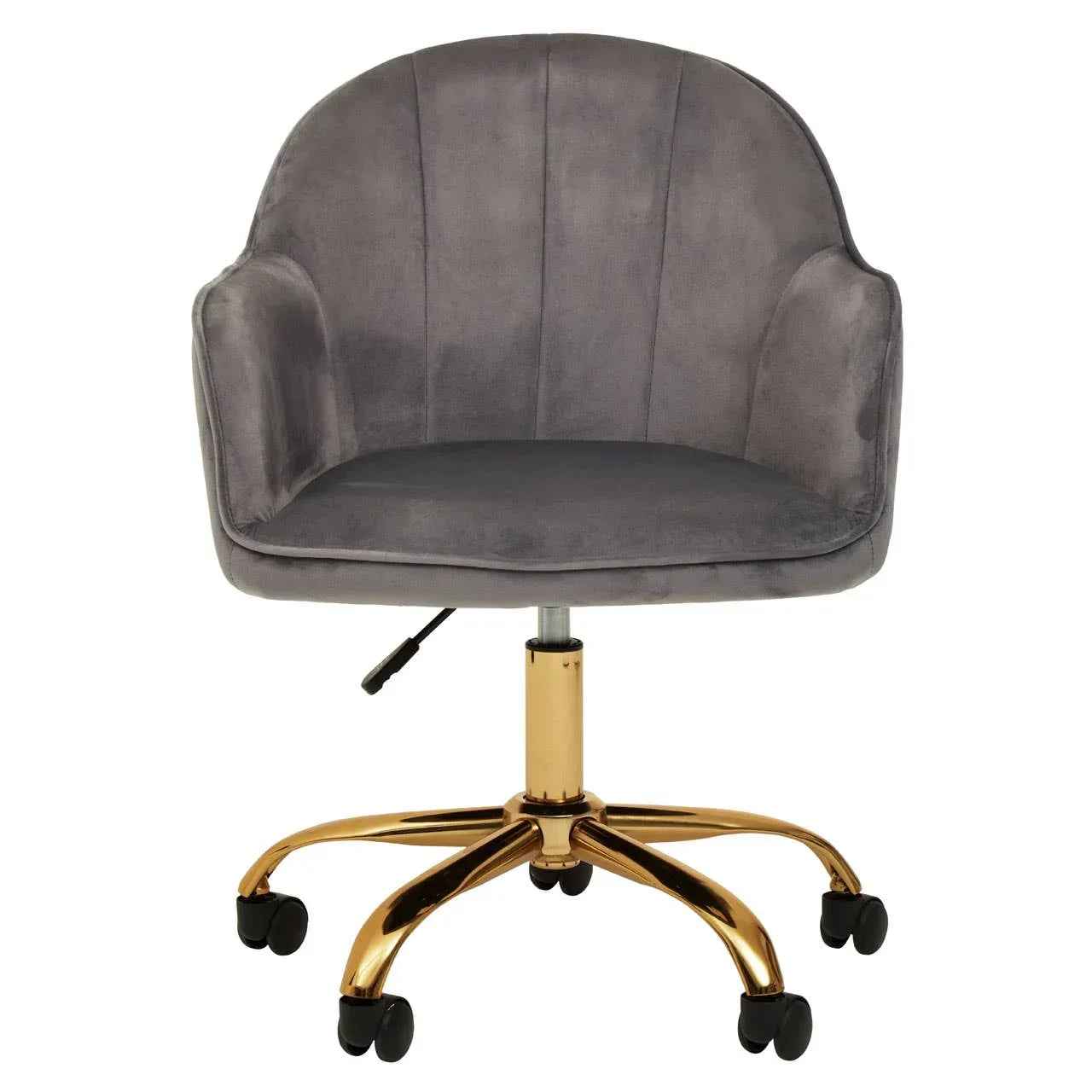 Grey velvet office chair with gold metal base and caster wheels, front view