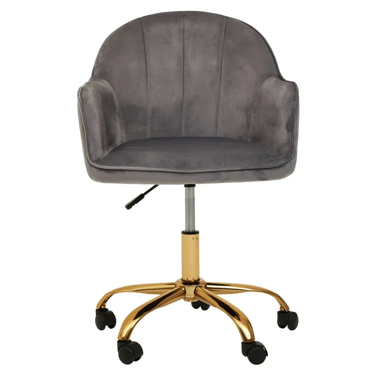 Grey velvet office chair with gold metal base and casters, front view