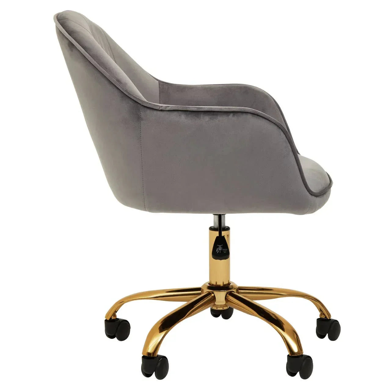 Grey velvet office chair with gold metal base and black castor wheels, side angle view