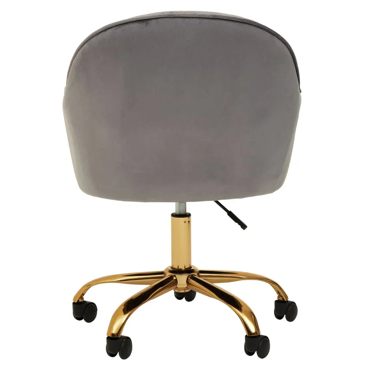 Grey velvet office chair with gold swivel base and castors, rear view