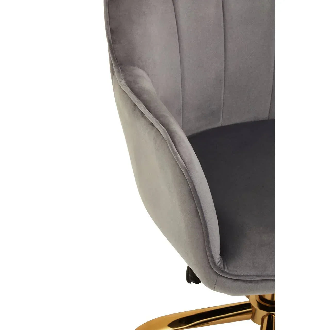 Grey velvet office chair with curved seat and gold metal swivel base close-up