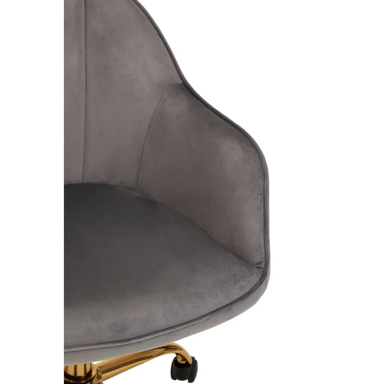 Closeup of grey velvet office chair seat with curved back and gold metal base on castors