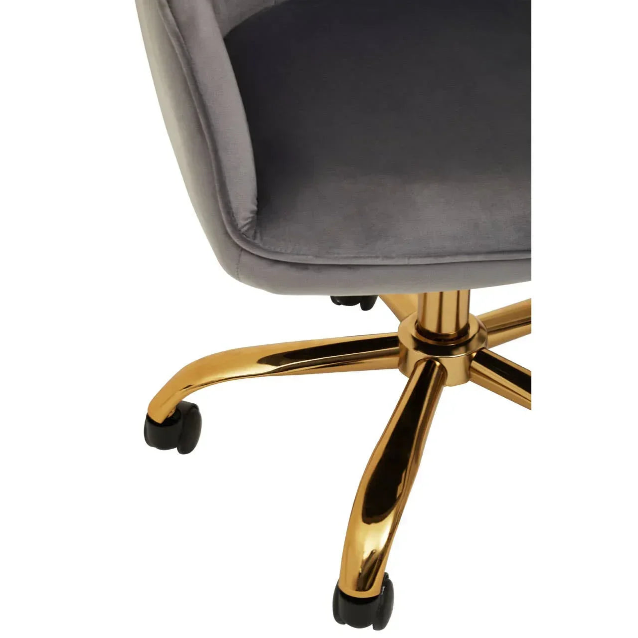 Grey velvet office chair seat with gold metal swivel base and black castor wheels