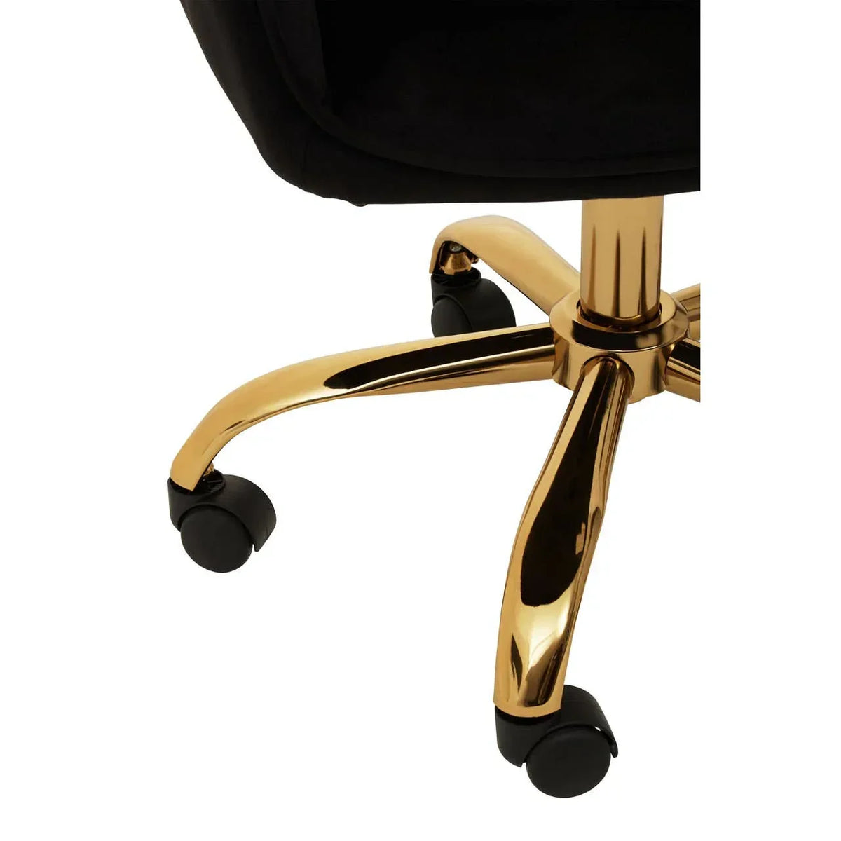 Gold metal office chair base with black castor wheels on white background