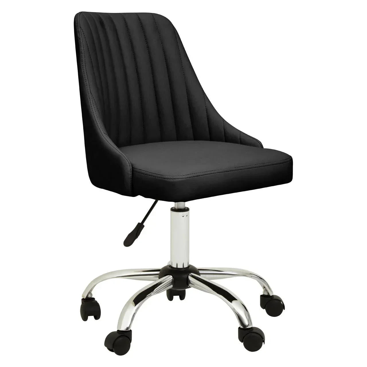 Black office chair with ribbed upholstery and chrome base on castors