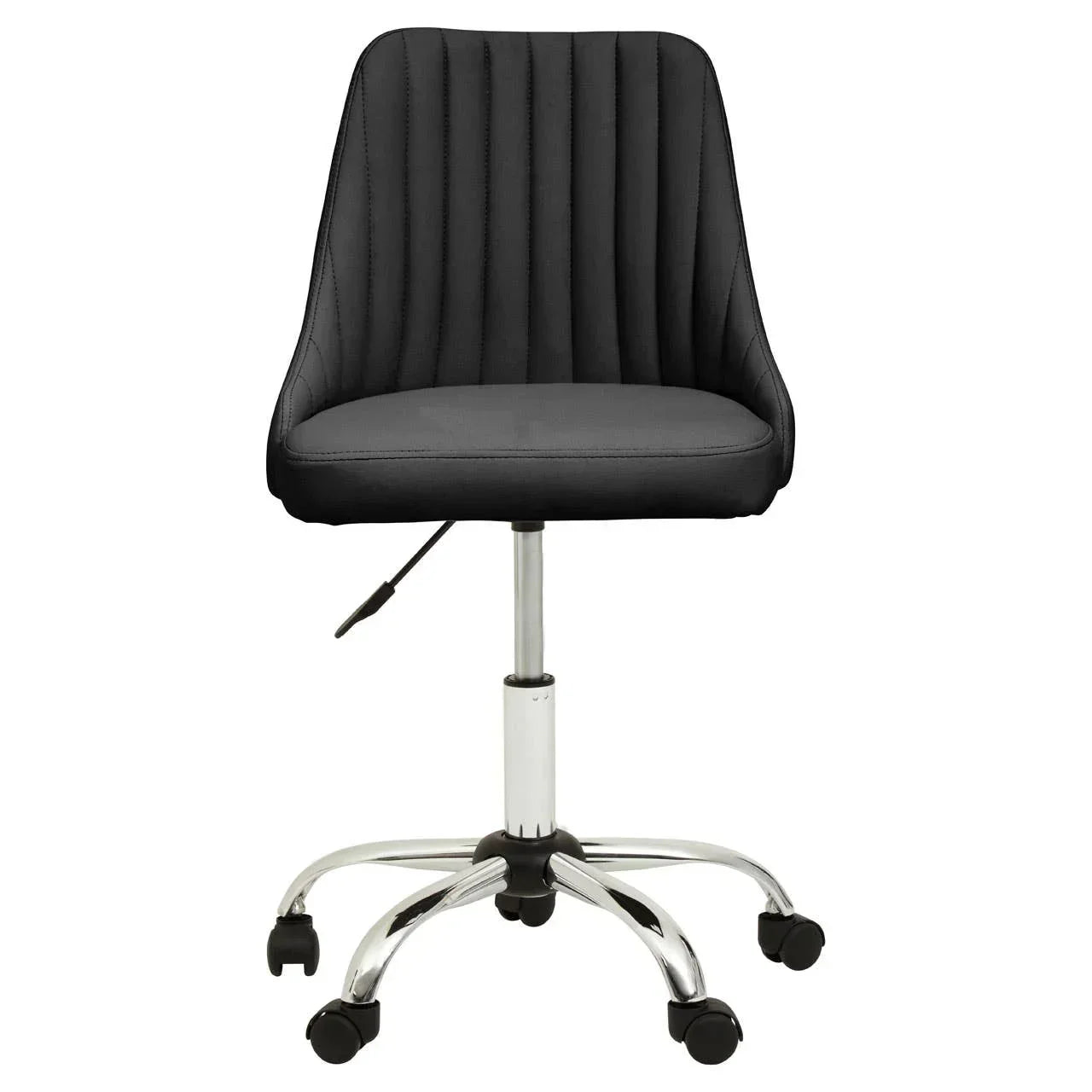 Black swivel office chair with padded seat, chrome base and wheels, front view