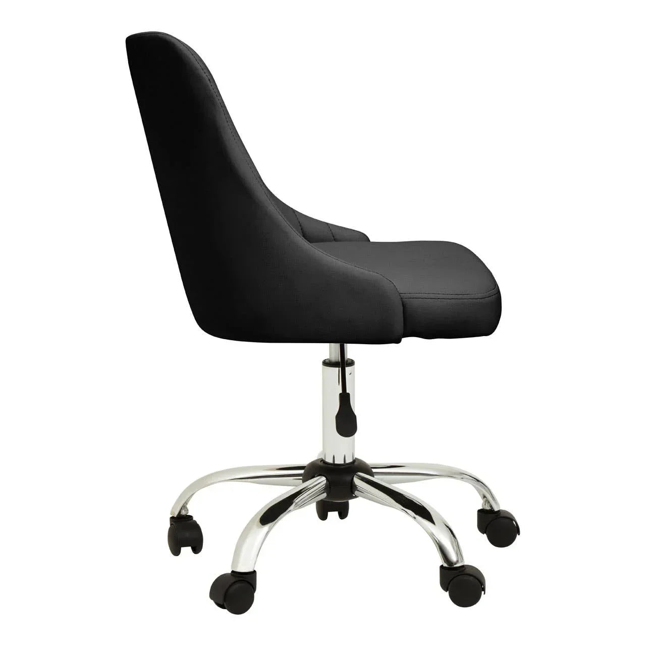 Black office chair with cushioned seat, chrome base and castor wheels, side view